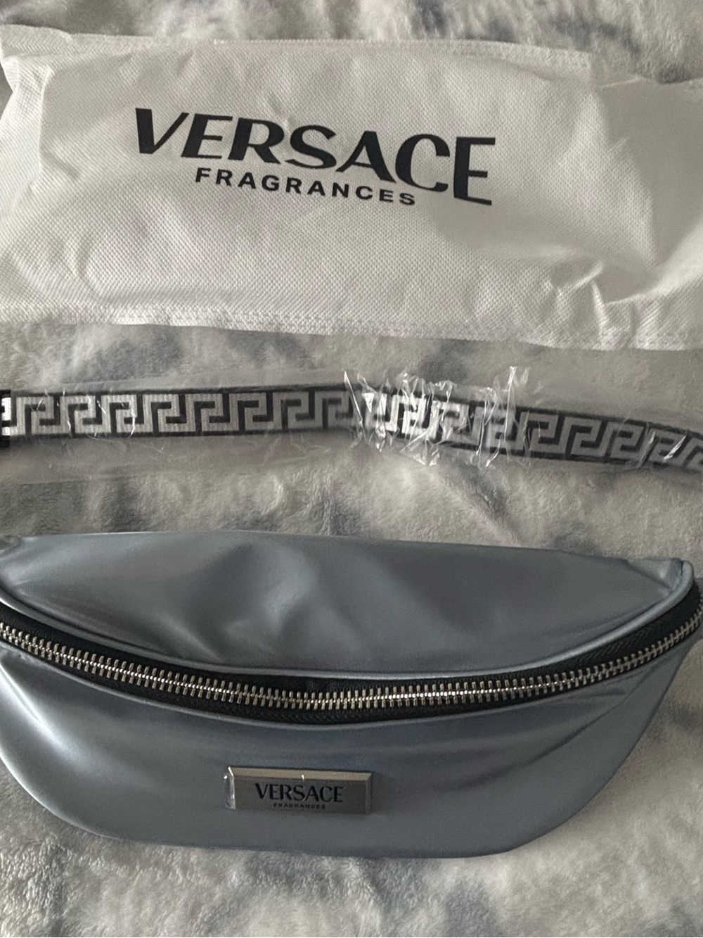 Versace Light Blue Leatherette Belt Bag with Greek Key Strap